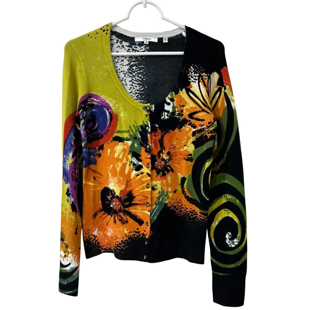 Vertigo Paris Womens Sz Medium Black Orange Floral Beaded Silk Cardigan Sweater